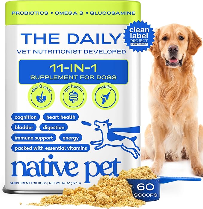 Native Pet Dog Vitamins & Supplements - 11-in-1 Multivitamin Powder for Dogs Food Topper - Collagen, Glucosamine, Probiotics, Omega & More- Supports Healthy Gut, Mobility & Overall Health -60 Scoops