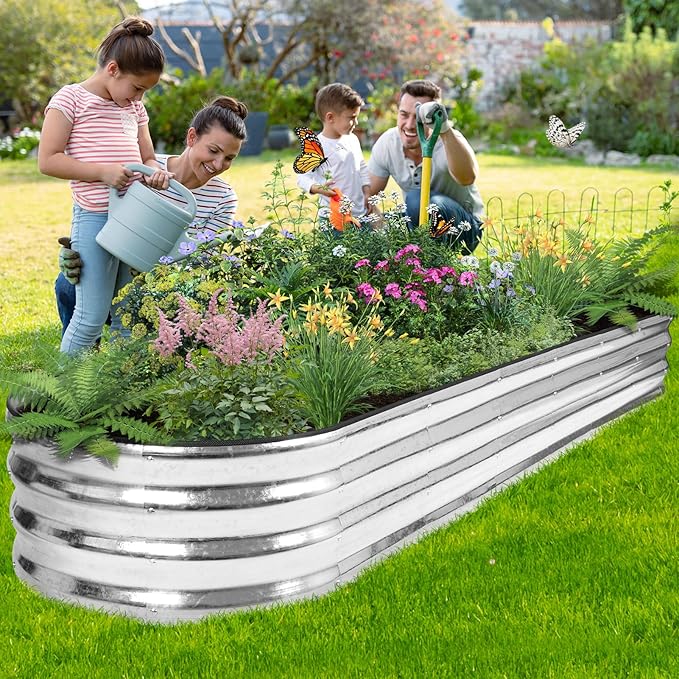 Galvanized Raised Garden Bed - 8×2×1ft Planter Raised Beds for Gardening | Oval Metal Garden Planter Box with Safety Edging and Bracing Rods for Vegetables Fruits and Flowers - Silver
