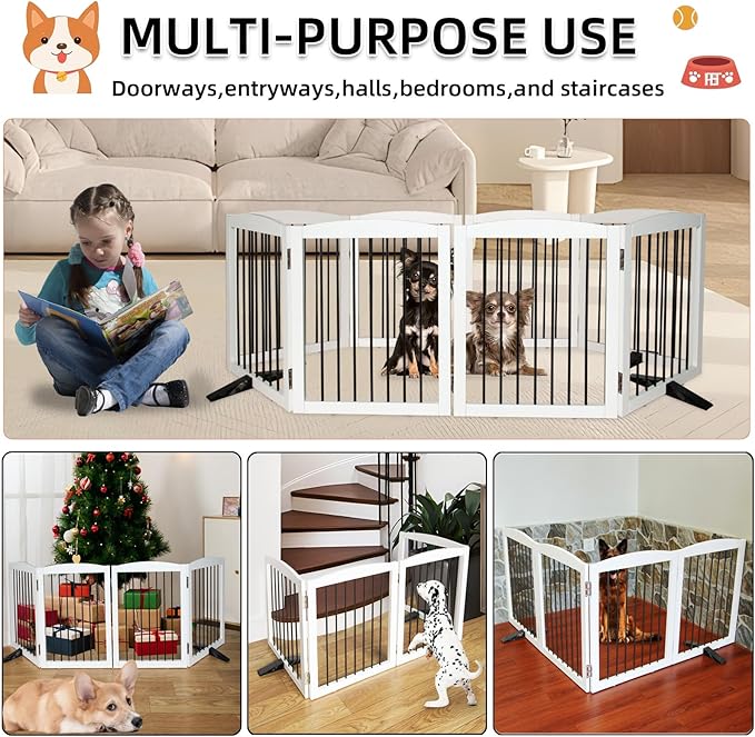 ZJSF Freestanding Panel Dog Gate for Indoor, Doorways,Stairs, or Hallways,Foldable Wooden White Pet Gates for House,Pet Gate for Dogs,Dog Fence, Puppy Gate,Support Feet Included, 32 "Height-2 Panels