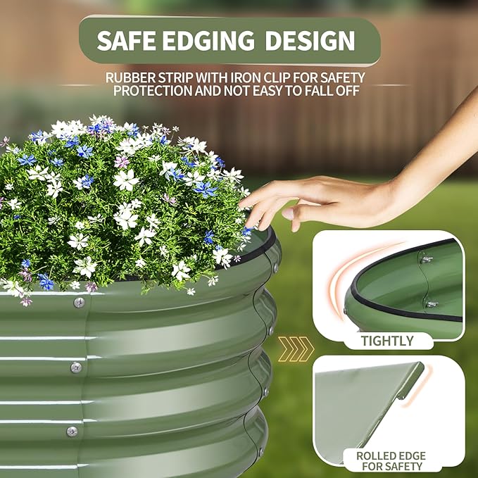 Galvanized Raised Garden Bed - 8x2x1FT Metal Planter Boxes Outdoor | Oval Steel Raised Bed Kit for Gardening with Protective Tape, Bracing Rods, Gloves for Vegetables, Flower, Herb (Green)