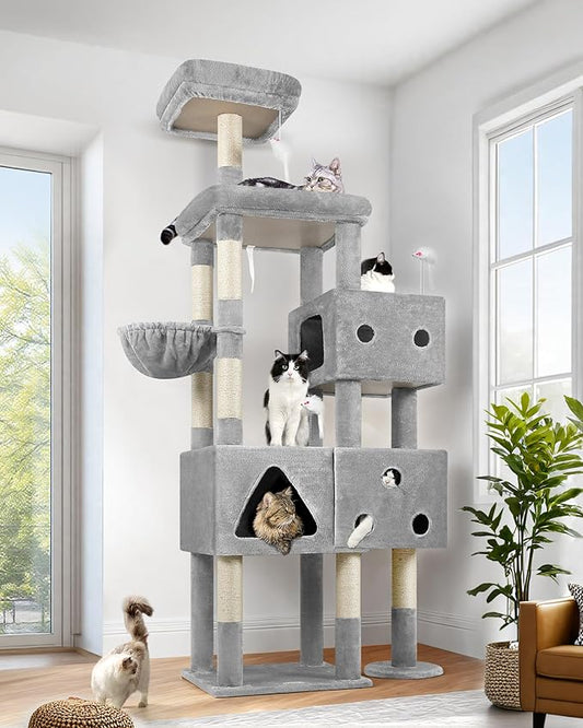 Globlazer Extra Large Cat Tower, 81-inch Tall Cat Tree for Big Cats 20 lbs, XXL Heavy Duty Cat Scratching Tower for Indoor Adult Cats with 3 Cat Condos, 8 Scratching Posts, F81, Light Grey