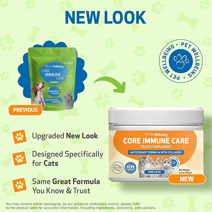 Pet Wellbeing Core Immune Care for Cats of All Ages - Daily Antioxidants, Immune Support, Collagen, Glutathione, Vitamin E - Veterinarian-Formulated Holistic Supplement 3.7 oz (105 g) Powder