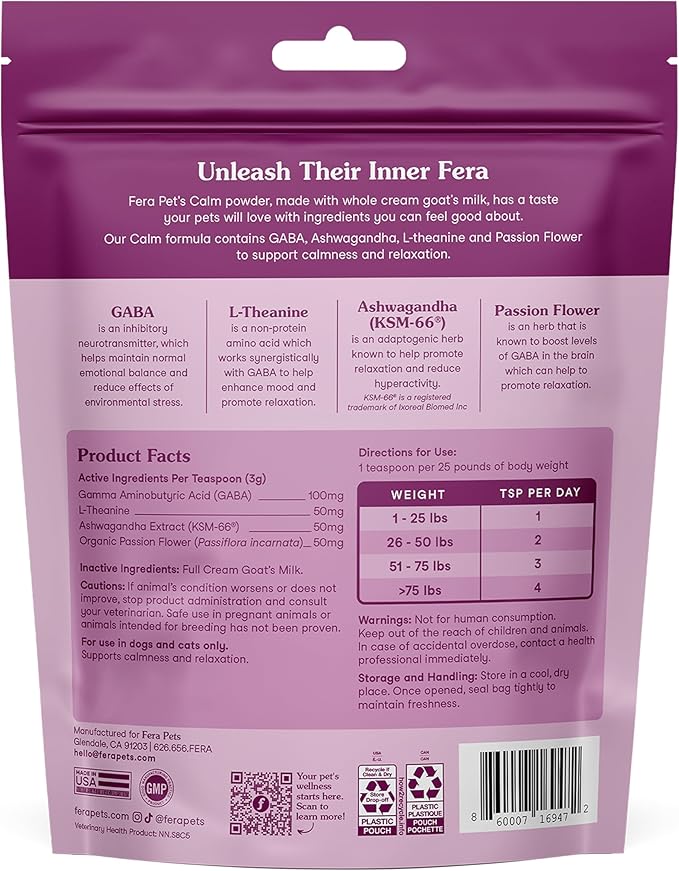 Fera Pets Goat Milk - Calming Supplement for Dogs & Cats - Ashwagandha, L-Theanine, & Passion Flower - Supports Anxiety Relief & Relaxation - for Picky Eaters - 60 TSP