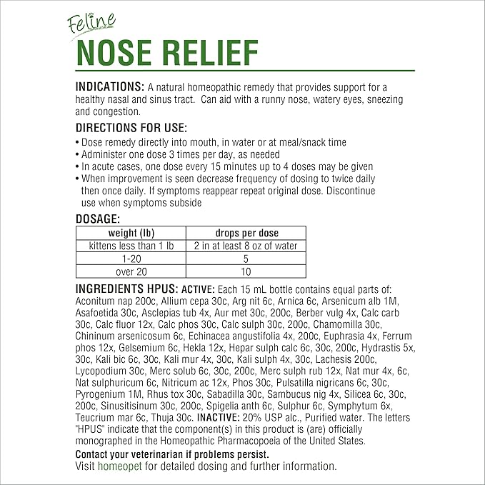 HomeoPet Feline Nose Relief, Safe and Natural Nasal and Sinus Supplement for Cats, 15 Milliliters