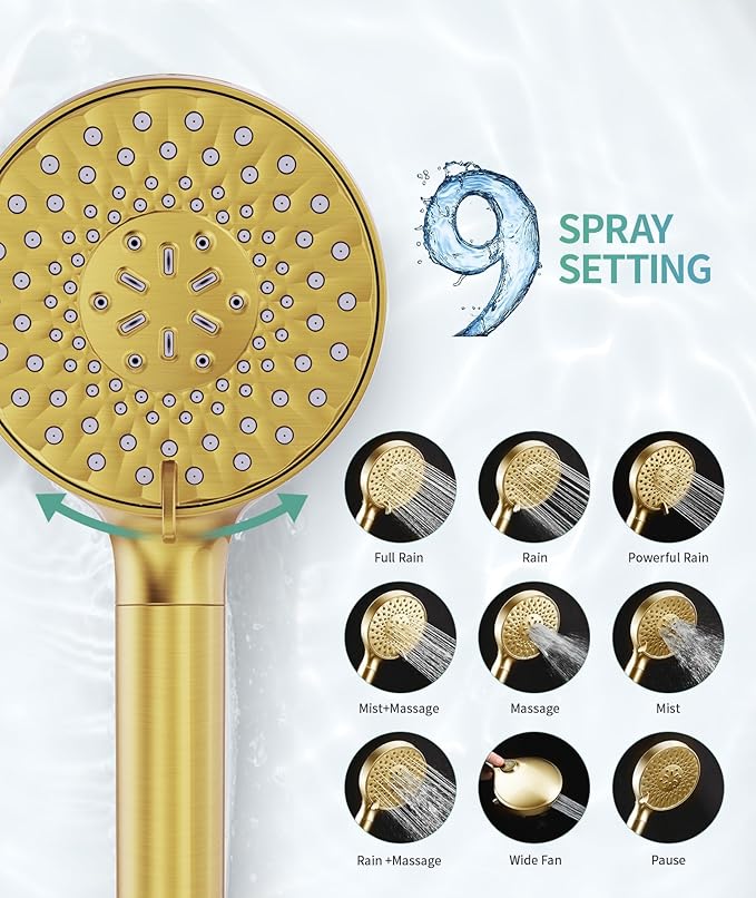 Filtered Shower Head with Handheld, High Pressure 9 Spray Mode Brushed Gold Showerhead with 4 Filters, Detachable Shower Head, Water Softener Filters Beads for Hard Water - Remove Chlorine