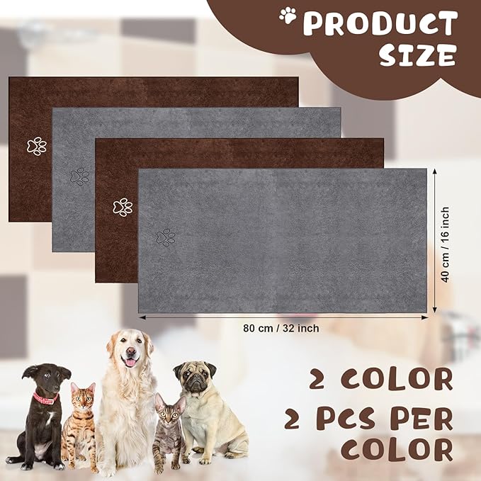 Chumia 4 Pack Dog Towels for Drying Large Microfiber Grooming Tools Absorbent Soft Bath Supplies with Embroidered Paw for Small Medium Pet Products(16 x 32 Inch,Gray, Coffee)
