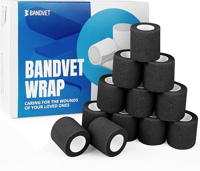 Self Adhesive Bandage Wrap - Pack of 12 Black Color, Non-Woven, Breathable & Water-Resistant Vet Wrap for First Aid, Sports Injury, Body Sprains, & Pets - 2 Inch x 5 Yards