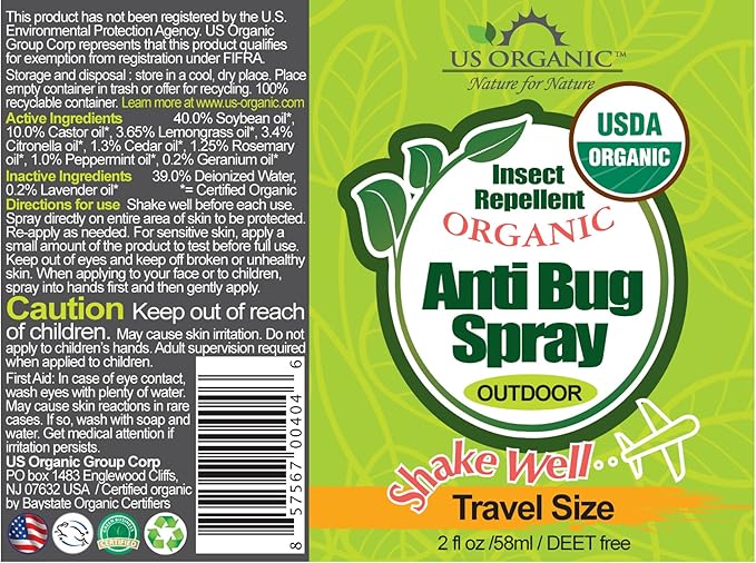 US Organic Mosquito Repellent Anti Bug Outdoor Pump Sprays, USDA Certification, Cruelty Free, Proven Results by Lab Testing, Deet-Free (2 oz Travel Size)