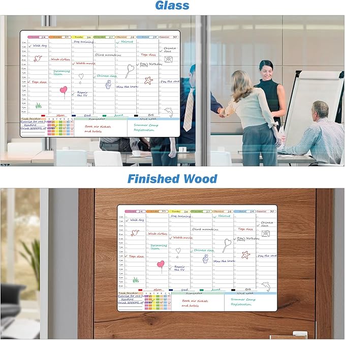 POPRUN Weekly Dry Erase Calendar for Wall & Glass & Wooden, Non-Magnetic Planning Board with Time Slots, Self-Adhesive Wall Schedule Board for Home and Office, 23.6" × 15.7"