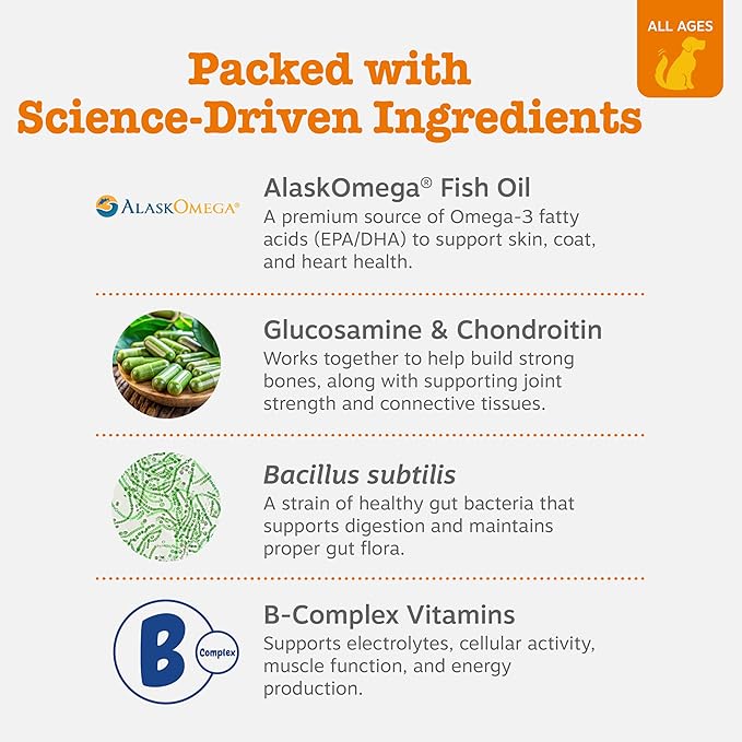 Zesty Paws Dog Multivitamin, Chewable Dog Vitamins and Supplements for Hip & Joints, Skin & Coat, Omega 3 Fish Oil for Dogs- Senior & Puppy Multivitamin- Peanut Butter- 50ct