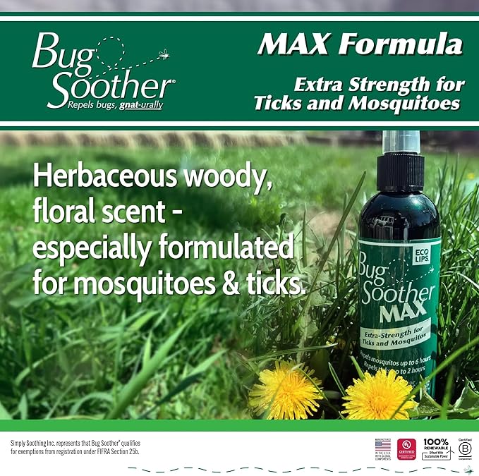 Bug Soother MAX - Extra Strength Natural Gnat, Tick, and Mosquito Repellent, 3 Pack 4 fl oz w/Free 1 oz. Bug Spray Deterrent - DEET Free - Safe for Adults & Environment - Made in USA