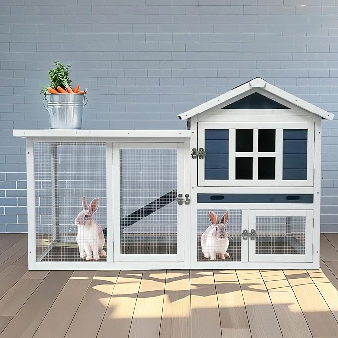 GARWOOD Large Outdoor Indoor Rabbit Hutch Wooden Bunny Rabbit Cage 2-Story with Run No-Leak Pull-Out Tray Waterproof Asphalt Roof Ramp for Guinea Pig Small Animal Wood Pet House Home Blue White