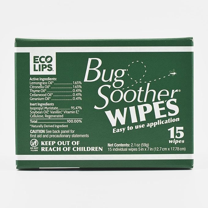 Bug Soother Wipes (15-ct) - Natural Mosquito Repellent & Deterrent - 100% DEET-Free Safe Single-Use Bug Wipes for Adults, Kids, & Pets - Made in USA