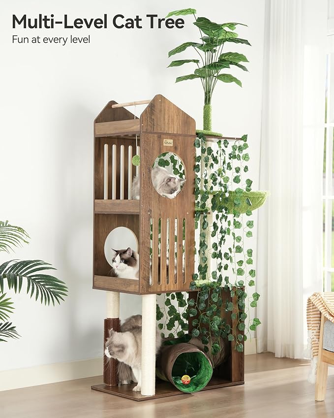 FourFurPets Large Cat Tree with Leaves, 72.8-Inch Cat Tower for Indoor Cats, Modern Cat Tree with Scratching Post, Large Perch, Tunnels, Swing Ball, Self Groomer, Greige