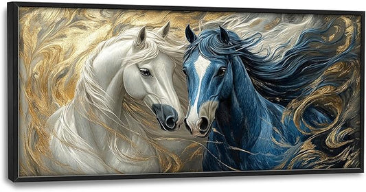 Framed Large Horse Wall Art for Living Room, Oversized Abstract Horses Wall Decor Blue and Golden Canvas Painting Animal Pictures Modern Artwork for Living Room Bedroom Office 60"x30"