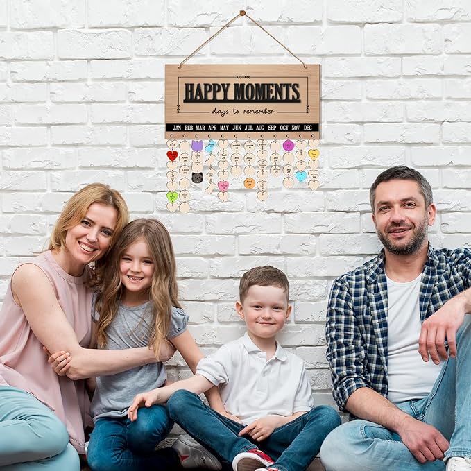 Family Birthday Calendar Board Wall Hanging with Tags, Family Birthday Plaque with Tag Wooden Memory Days Reminder Wall Hanging Home Décor Wood Anniversary Tracker with 104 Tags, Valentines Day Christmas Gifts for Lovers Friends (HAPPY MONENTS)