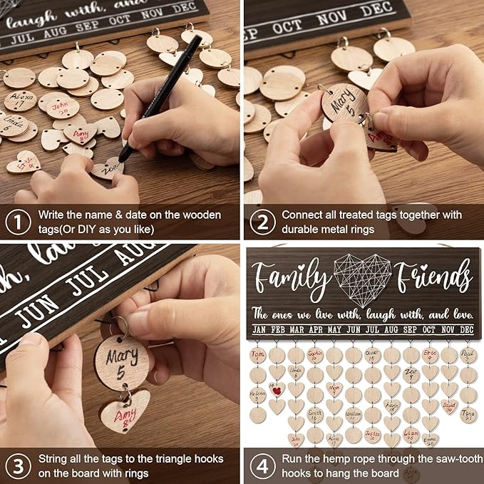 Christmas Grandma Gifts for Mom from Daughter, Wood Family Birthday Reminder Calendar Board Wall Hanging DIY Birthday Tracker Plaque with 120 Tag, Best Mom Dad Grandma Gifts for Birthday Thanksgiving