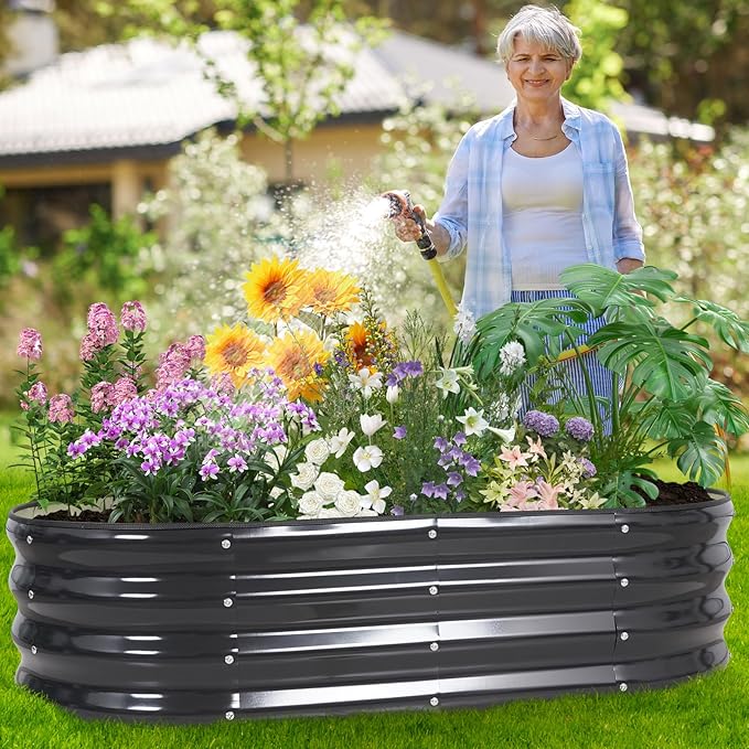 Galvanized Raised Garden Bed Outdoor - 4×2×1ft Planter Raised Beds for Gardening | Oval Metal Garden Planter Box with Safety Edging and Gloves for Vegetables Fruits and Flowers - Grey