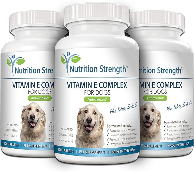 Vitamin E for Dogs, Promote Cardiovascular Health, Support Cell Membranes, Vitamin E Complex to Boost Dog Immune System Plus Zinc, Selenium, Folate, Salmon Oil, 120 Chewable Tablets