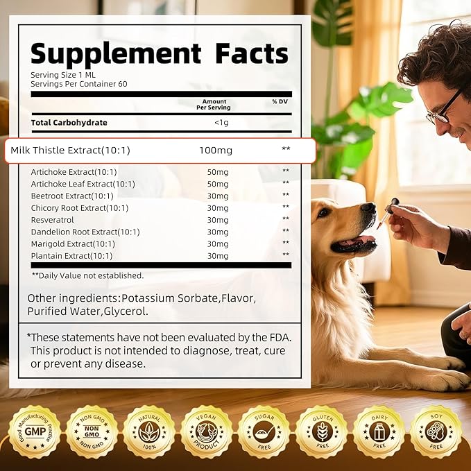 Milk Thistle for Dogs – 9-in-1 Liver and Kidney Support Drops with Artichoke, Resveratrol, Marigold Extract, 100% Natural Detox Supplement for Liver Function, Split Dropper, Bacon Flavor, 2Oz