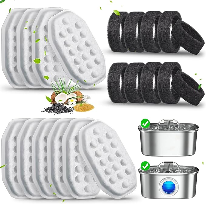 20 Pack Cat Water Fountain Filters-Cat Fountain Replacement Filters for Stainless Steel 3.2L/108oz Adjustable Water Flow Cat Fountain(10 Pack Pet Water Filter Refills+10 Pack Sponges)