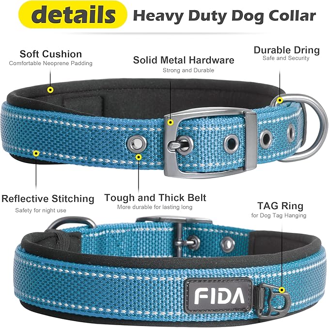 Fida Heavy Duty Dog Collar, Ultra Comfortable Soft Neoprene Padded, Adjustable Reflective Nylon Pet Collar with Durable Metal Belt Buckle for Small Breeds (S, Blue)