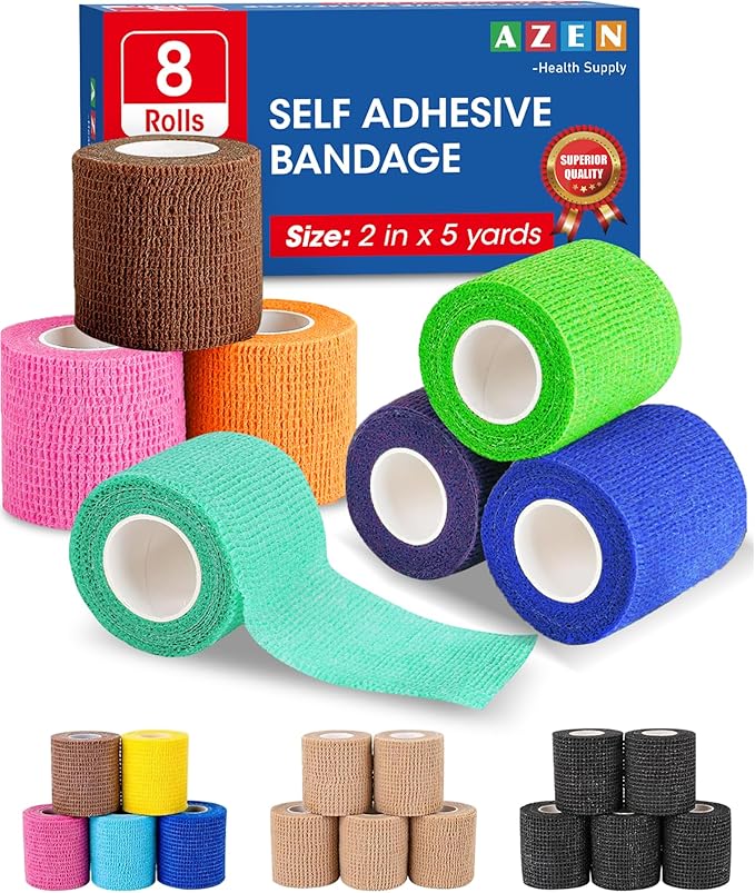 AZEN 8 Pack Self Adhesive Bandage Wrap, 2" X 5 Yards Elastic Cohesive Bandage Wrap, Color Athletic Tape, Vet Wrap, Ankle Tape, Tattoo Grip Tape Wrap