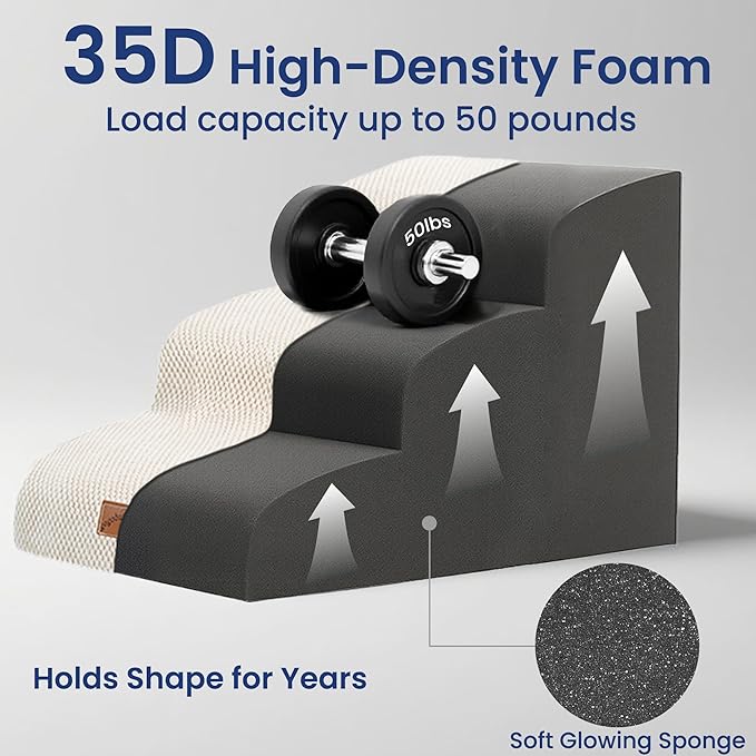 GoGoBunny Ramp Dog Stairs for Couch Sofa and Chair 15.7" H, 3-Step Pet Steps for Small Dogs and Cats, Non-Slip Waterproof Fabric Cover, Stable and Balanced Indoor Step, Pets Friendly, Beige