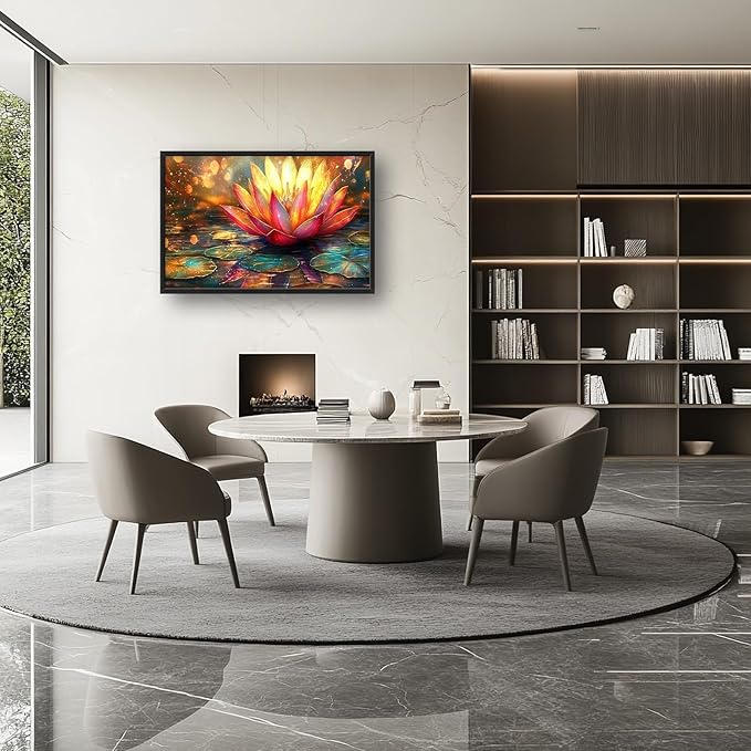 Framed Large Lotus Wall Art for Living Room, Oversized Lotus Flower Wall Decor Zen Golden Floral Canvas Painting Modern Artwork Home Decoration for Living Room Bedroom Office 36"x24"