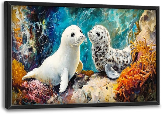 Extra Large Seal Framed Wall Art for Living Room,Oversized Underwater Animal Pictures Wall Decor,Ocean Coral Reef Canvas Print Painting Modern Artwork Bedroom Office Bathroom 36L" x 24W"