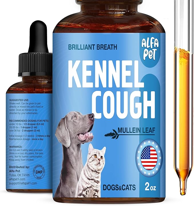 Dog Cough Treatment Liquid • Kennel Cough for Dogs & Cats • for Breathing During All Life Cycle • Marshmallow Root + Mullein Leaf in The Composition • Natural Supplement for All Breeds • 2 Oz
