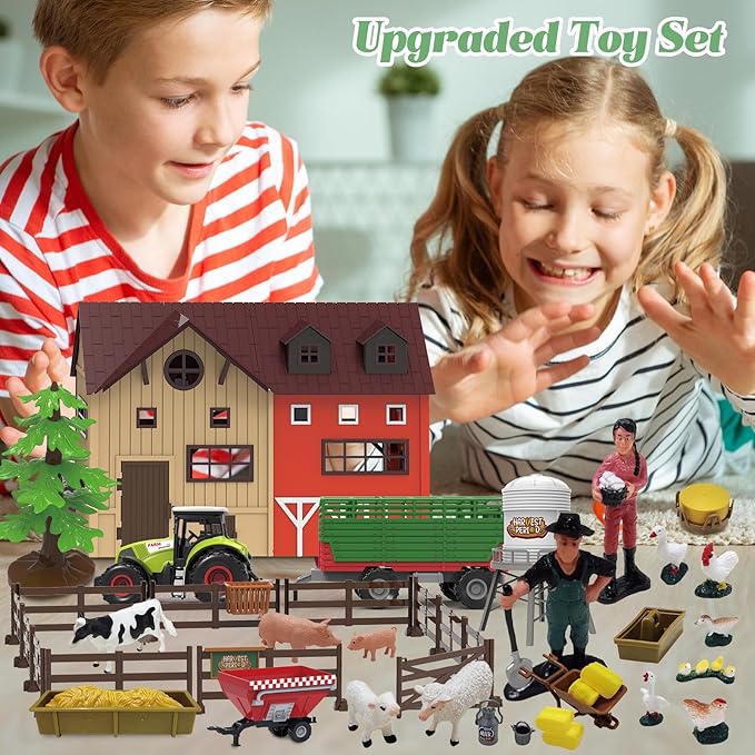 109PCS Farm Animals Toys Set Comes with Barn, Rice Storehouse, Rice Trolley, Milking shed, Farmer, Fence - Playset for Kids Toddlers Boys Girls 5+ Years Old