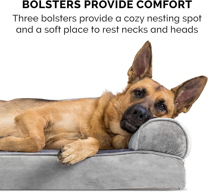 Furhaven Cooling Gel Dog Bed for Large/Medium Dogs w/ Removable Bolsters & Washable Cover, For Dogs Up to 55 lbs - Faux Fur & Velvet Sofa - Smoke Gray, Large
