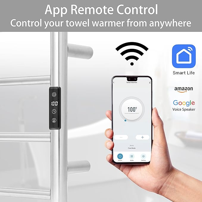 KEG Smart WiFi Towel Warmer Wall Mounted with Built-in Timer and Temperature Adjust Control, 4 Bars Electric Stainless Steel Heated Towel Racks for Bathroom Brushed Nickel