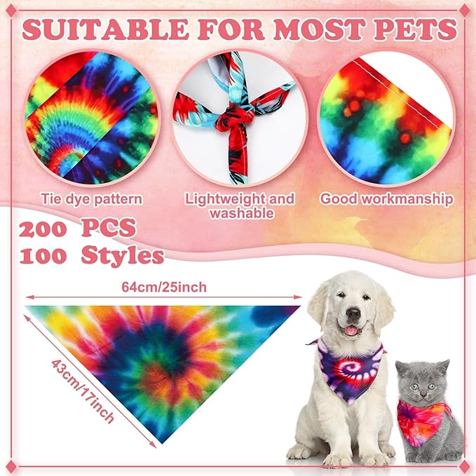 200 Pcs Dog Bandanas Bulk Pet Bibs Colorful Triangle Scarf Pet Bandanas for Medium Large Dogs Spring Summer Birthday Costume Decoration (Tie Dye)