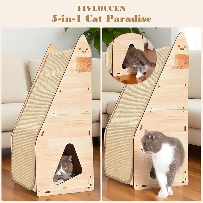 24in Multi-Functional Cat Furniture: Sisal Scratching Posts & Sturdy 3D Wood Frame for Indoor Cats, Integrated Cat Condo Hideout Tunnel All-in-One Space Saver for Multi-Cat & Budget-Friendly