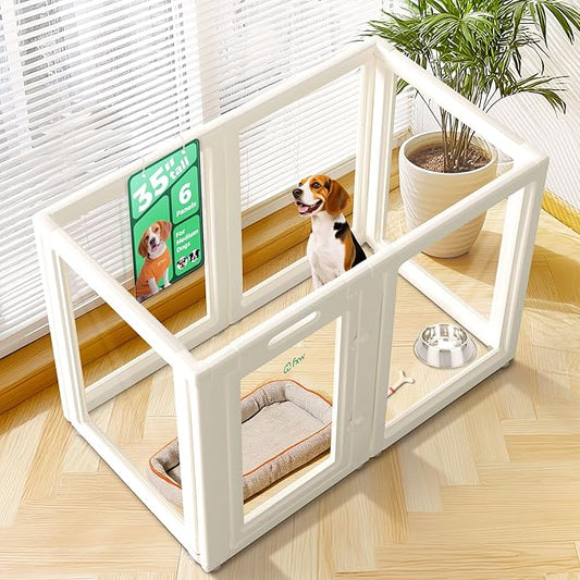 FXW AuraSpace Acrylic Indoor Unleashed Dog Playpen for Medium Dogs, 35 Inch, 6 Panels, White