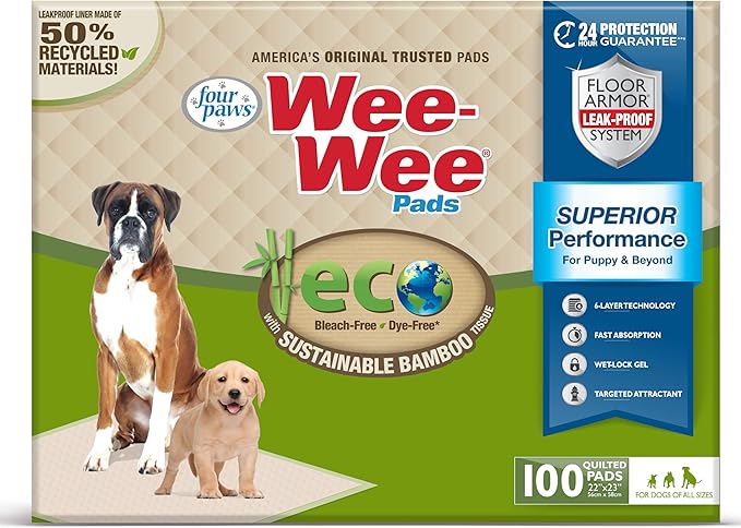 Four Paws Wee-Wee Superior Performance Bamboo Pee Pads for Dogs, Earth Friendly Dog & Puppy Potty Training Pads, Crate Liners, Housebreaking Supplies, 22" x 23" (100 Count)