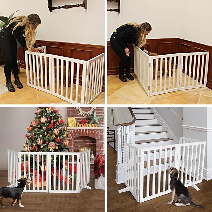 ZJSF Freestanding Indoor Dog Gate for House Foldable Wood White Puppy Gate for Doorways Pet Gate for Stairs Extra Wide Pet Fence 32" Height 4 Panels