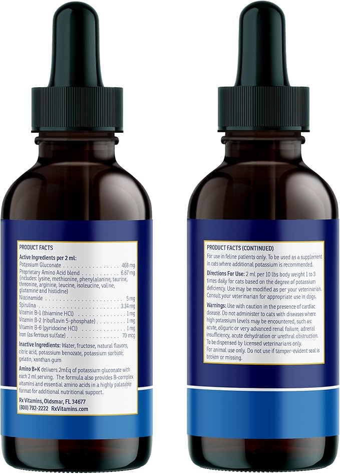 Rx Vitamins Amino B+K - Cat Vitamin B & Potassium Supplement for Cats - with Amino Acids Taurine & Lysine - Aids in Cat Kidney Support & Immune Support for Cats - Liver & Bacon 4oz