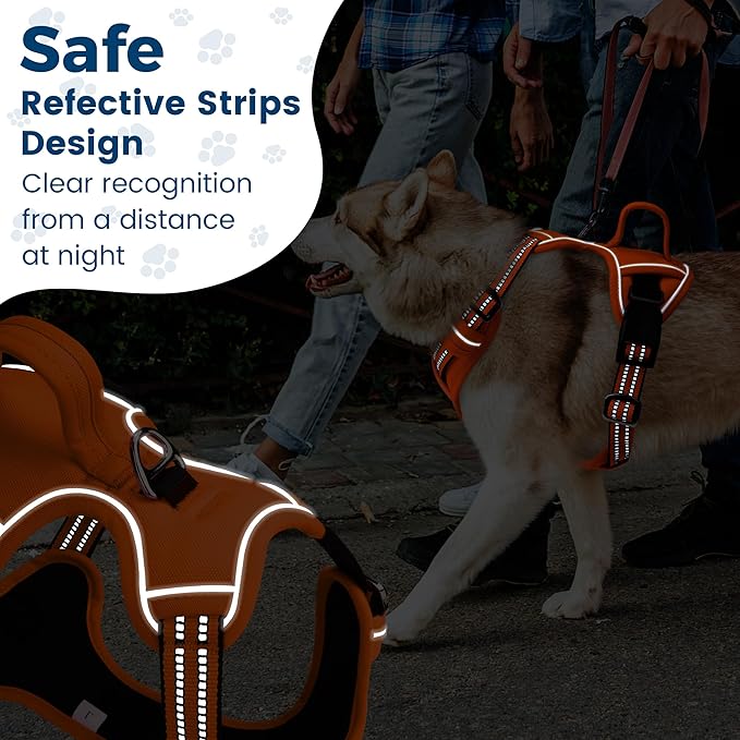 Funfox Dog Harness No Pull, Adjustable Pet Vest Harness, Super Soft Material with Vertical Handle Easy Control, Reflective Night Walking, 2 Leash Clips for Small Sized Dogs, Orange, S