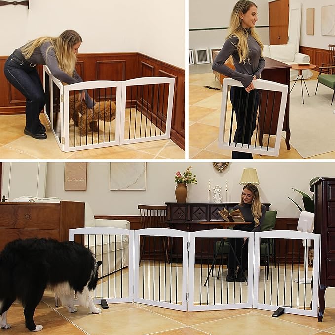 ZJSF Freestanding Panel Gate for Indoor Doorways, Stairs, or Hallways - Foldable White Wooden Dog Gates - Support Feet Included - 32" Height - 4 Panels