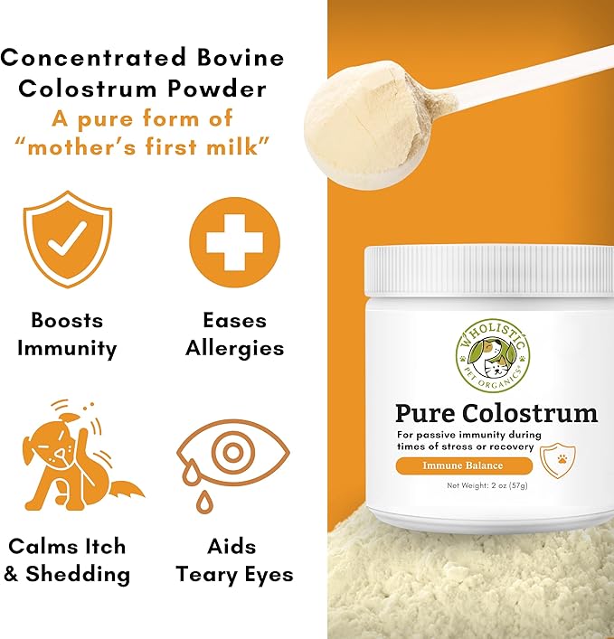 Wholistic Pet Organics Pure Colostrum - 2 Oz - Dog Allergy Relief & Itchy Skin Treatment, Senior Dog Supplements & Immune Support, Licking Paws Relief