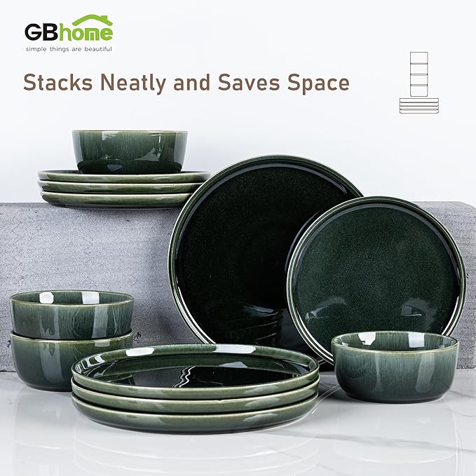 GBHOME Ceramic Dinnerware Sets for 6, 18 Pieces Stoneware Plates and Bowls Sets, Reactive Glaze Dishes -Scratch Resistant, Dishwasher&Microwave Safe, Earth Green