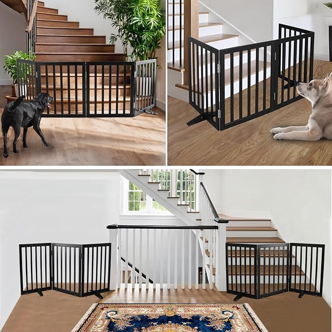 ZJSF Freestanding Indoor Dog Gate for House Foldable Wood Puppy Gate for Doorways Pet Gate for Stairs Extra Wide Pet Fence, Black, 24" Height 3 Panels