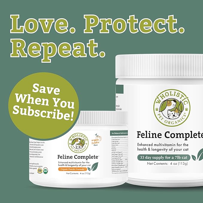 Wholistic Pet Organics Feline Complete Organic Pumpkin - 8 Oz - Multivitamin & Probiotic Powder for Cats - Natural Cat Food & Digestive Support