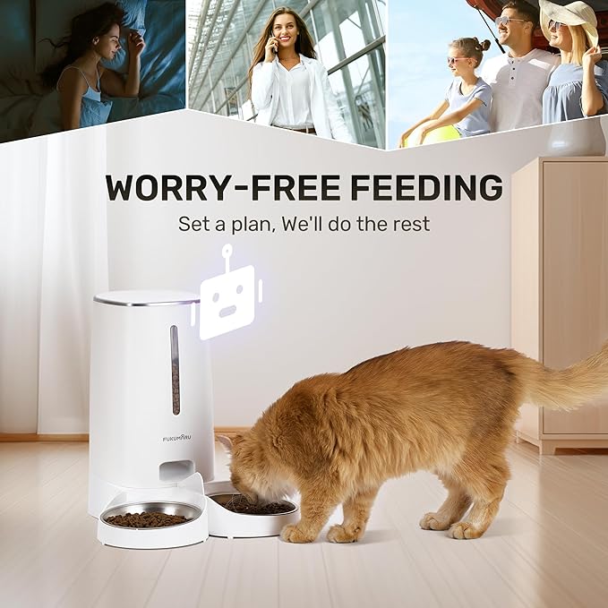 FUKUMARU Automatic Cat Feeder, 4L Dog Feeders with Double Bowls, Support DIY Meals and Timed Control WiFi Cat sFood Dispenser, Suit for Most Pet Food