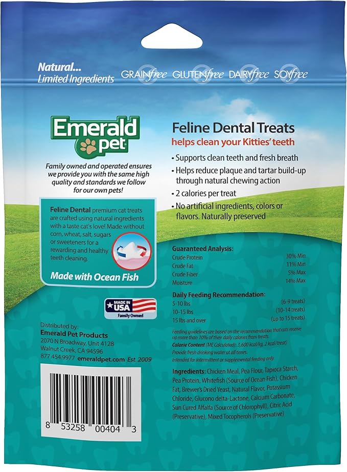 Feline Dental Treats — Tasty and Crunchy Cat Dental Treats Grain Free — Natural Dental Treats to Clean Cat Teeth, Freshen Cat Breath, and Reduce Plaque and Tartar Buildup — Ocean Fish Treats, 3 oz