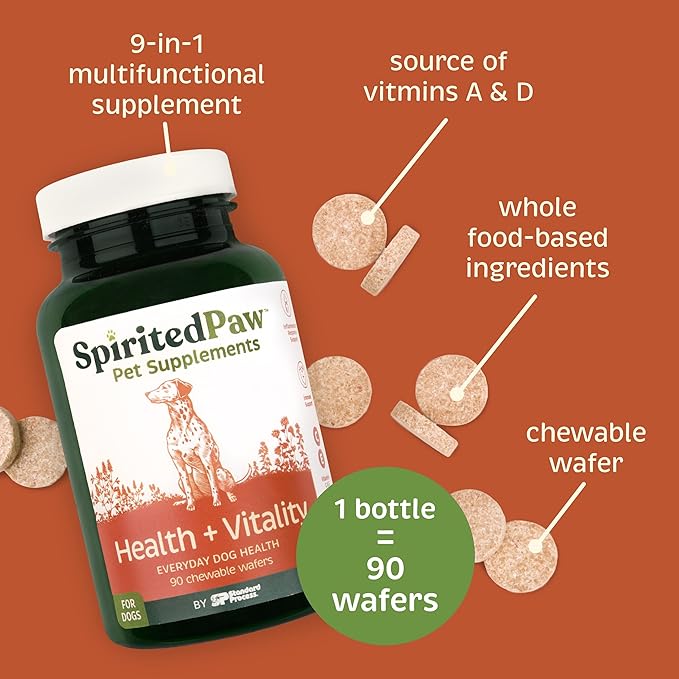 Health + Vitality for Dogs - Pet Supplement for Immune System, Coat, Liver Health & More - Dog Multifunctional Support with Choline, Calcium, Zinc, & Vitamins D and A - 90 Chewable Wafers