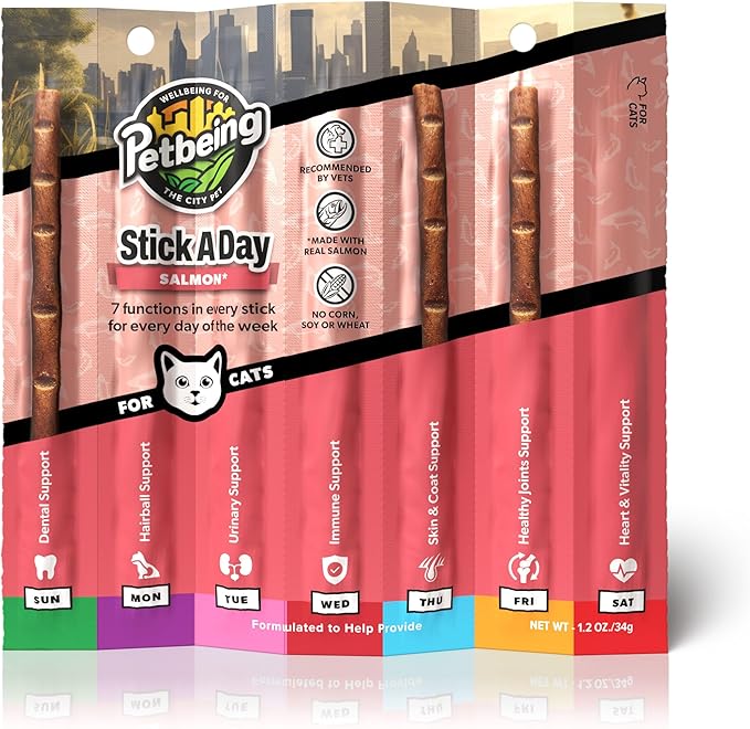 Stick a Day | Specially Formulated 7-in-1 Functions Daily Real Meat Supplement for Cats | Cat Chew Stick & Pet Vitamins Supplements Combination (7-Pack x 4, Mix)